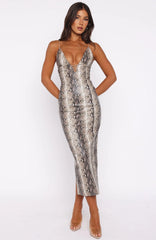 She's A Queen PU Midi Dress Tan Snake